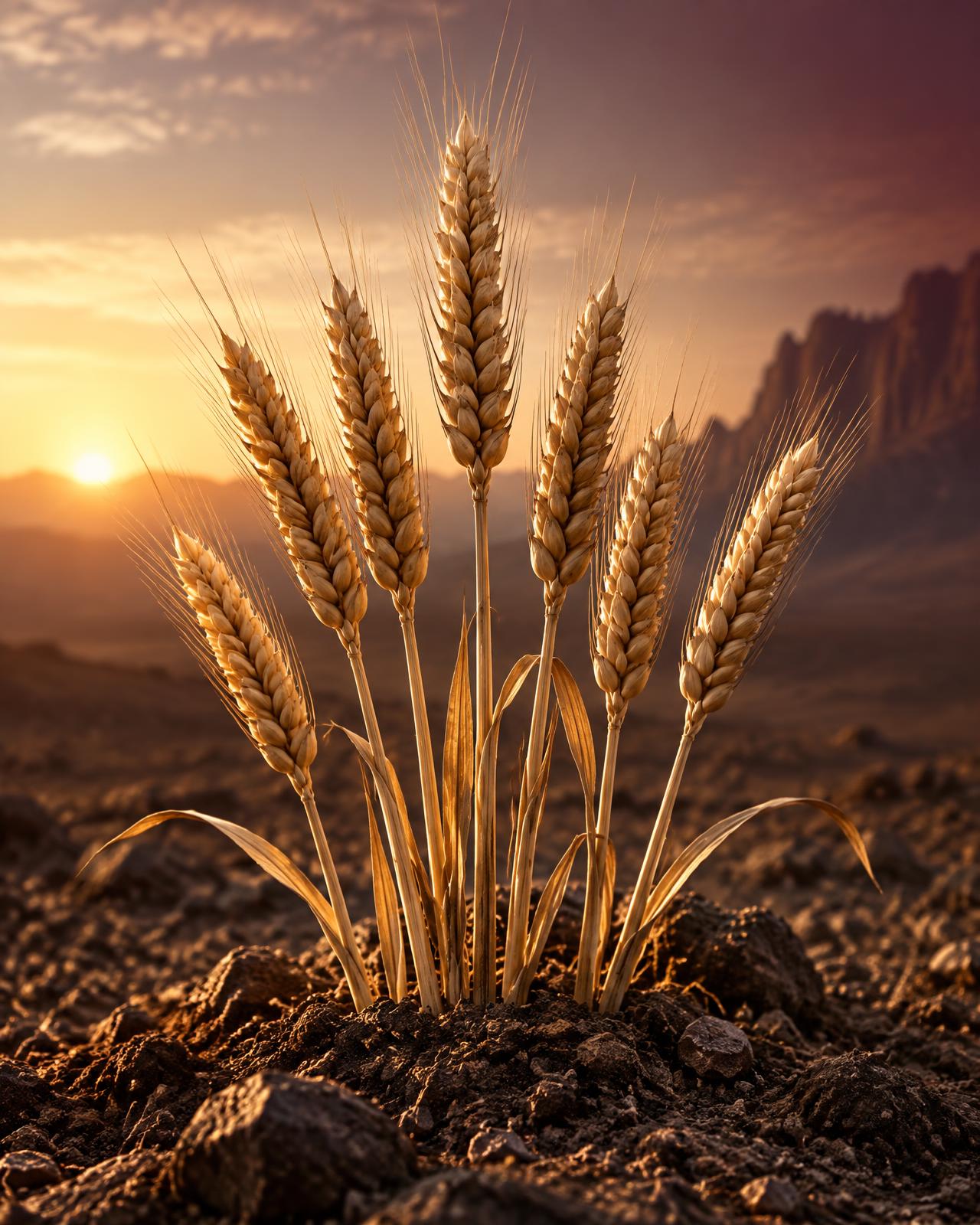 Seven golden wheat spikes emerging from the soil